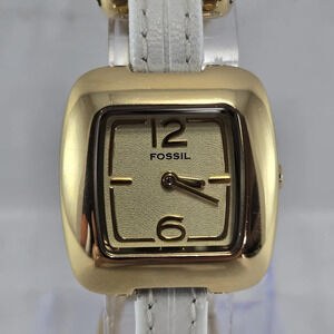 Womens Fossil Gold Tone White Leather 25mm Watch Geometric New Battery ES-1980